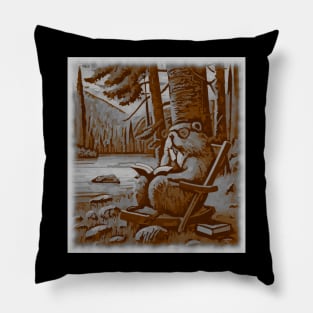 watercolor groundhog with glasses reading book Pillow