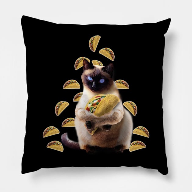 Siamese Cat Kitty Kitten Eating Taco Tacos, Funny Cute Pillow by Random Galaxy