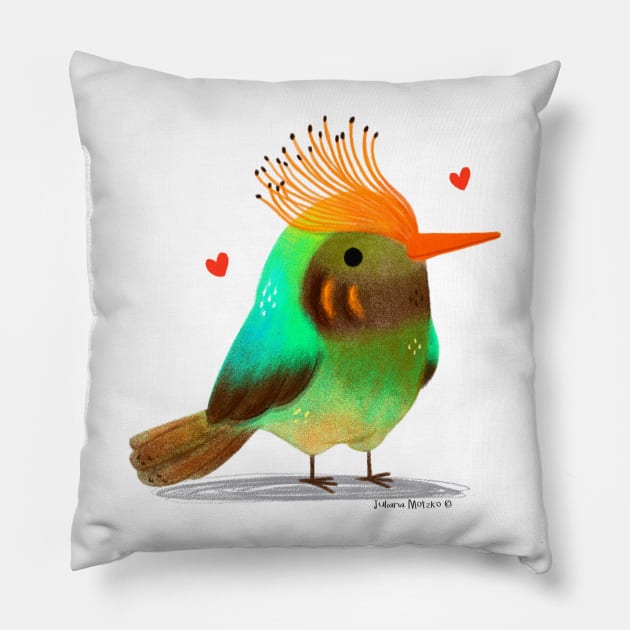 Rufous Crested Coquette bird with hearts Pillow by julianamotzko