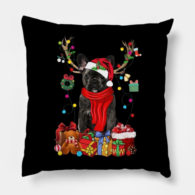 French Bulldog Reindeer Xmas Lights Merry Christmas Pillow by cogemma.art