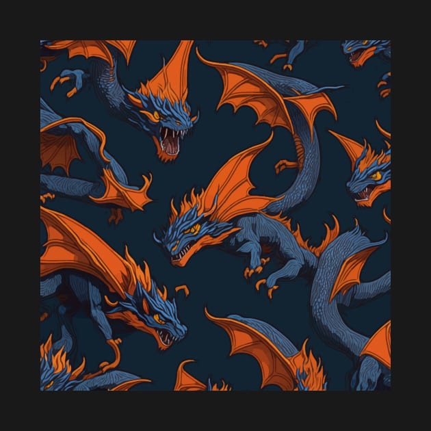 Orange And Blue Flying Dragons Tileable Seamless Pattern Design by LuckDragonGifts