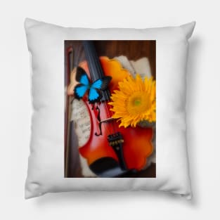 Blue Butterfly On Baroque Violin With Sunflower Pillow