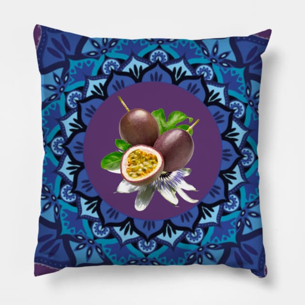 Passion fruit in blue mandala Pillow by 100meaninglove100