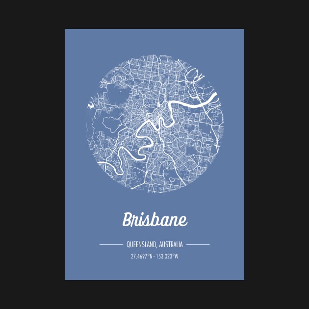 City map in blue: Brisbane, Queensland, Australia with retro vintage flair by AtlasMirabilis