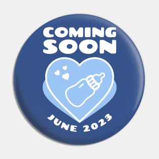 Coming soon. June 2023 birthday. Illustration with blue heart Pin