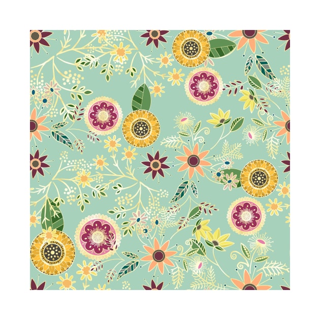 Cute Colorful Folk Floral Original Golden Design by NdesignTrend