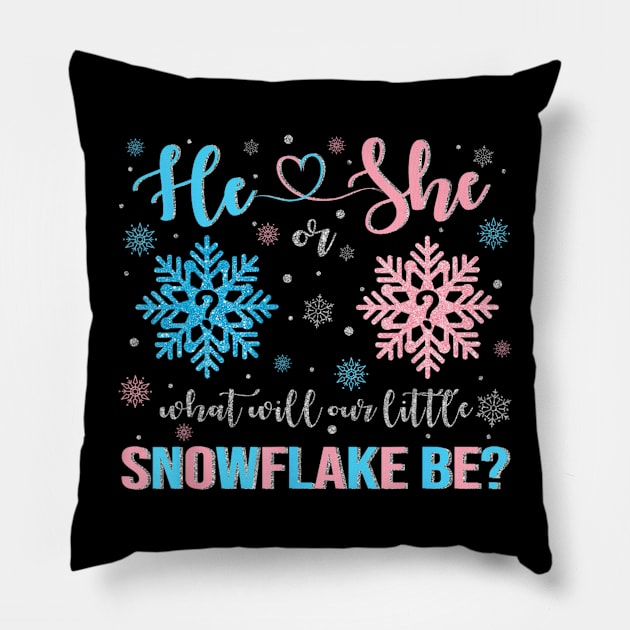 He Or She What Will Our Little Snowflake Be Gender Reveal Christmas Pillow by Mitsue Kersting