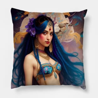 Dancing Art a Exotic Floral Blue Haired Belly Dancer Pillow