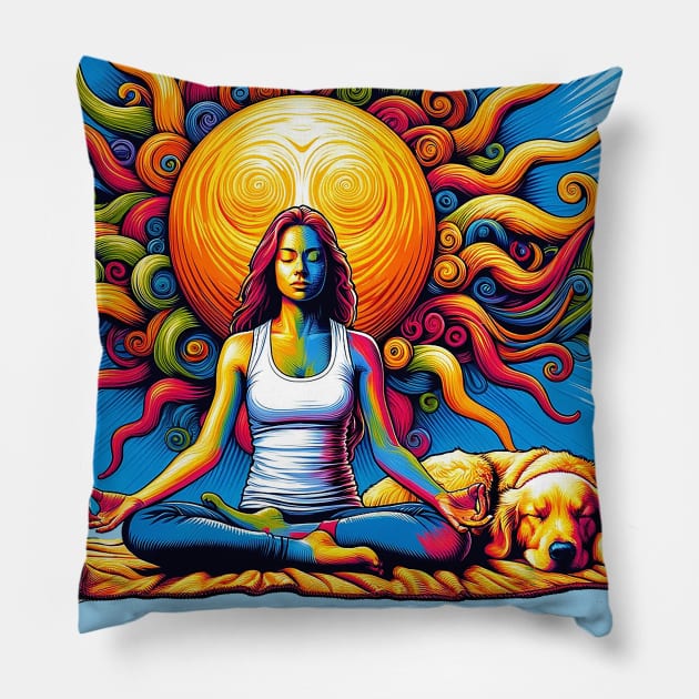 Woman Meditating with Golden Retriever Pillow by Sideways Tees