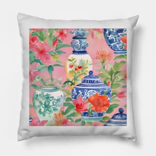 Preppy flowers and chinoiserie jars on pink Pillow