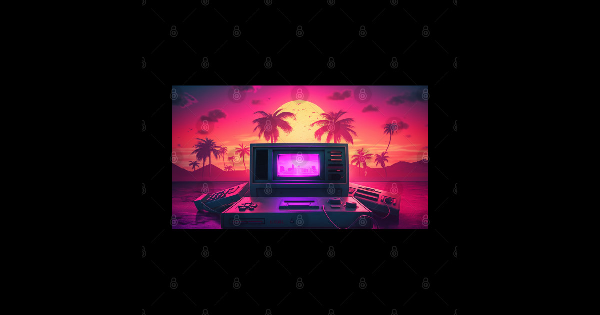 Retro Futuristic Computer Synthwave Sun And Palms - Synthwave Arcade ...