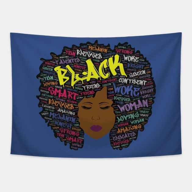 Woke Black Queen Words In Afro Hair Graffiti Font Tapestry by blackartmattersshop