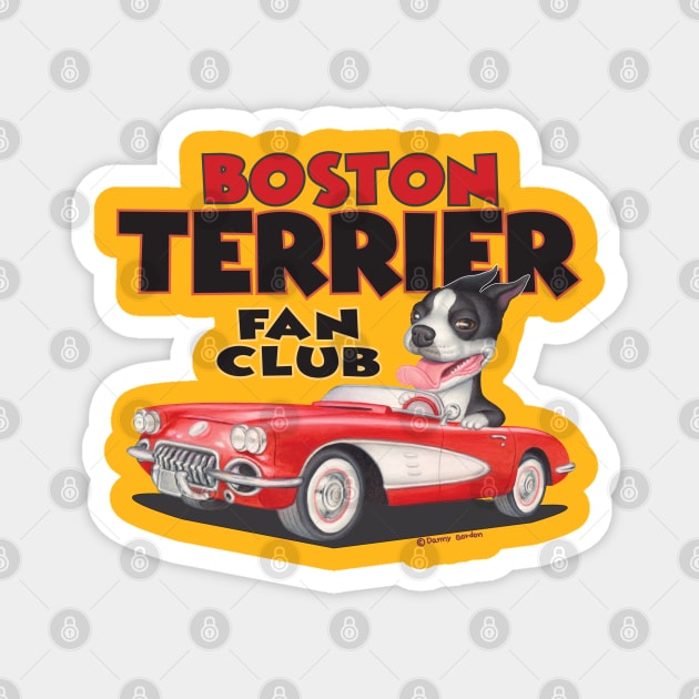 Cute fur baby Boston Terrier riding in Yellow Classic Car Magnet by Danny Gordon Art