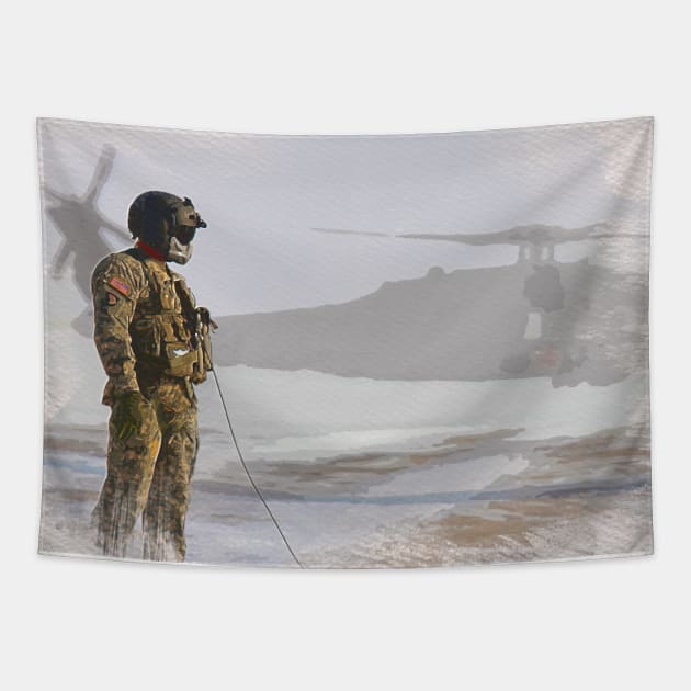 Beautiful watercolor painting of a US army soldier near a US helicopter Tapestry by DingyDesigns
