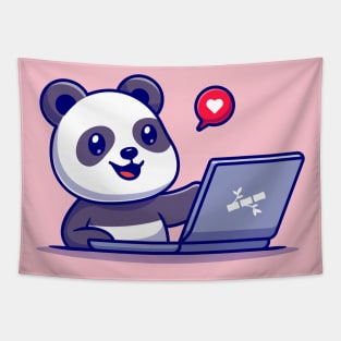 Cute Panda Working On Laptop Cartoon Tapestry