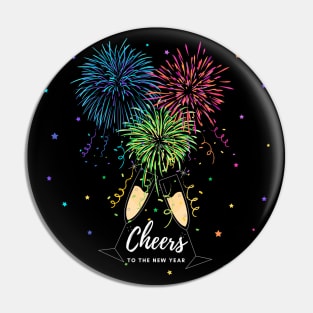 Cheers to the New Year Fireworks, Champagne Flutes and Stars Pin