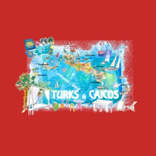 Turks Caicos Illustrated Travel Map with Roads and Highlights T-Shirt