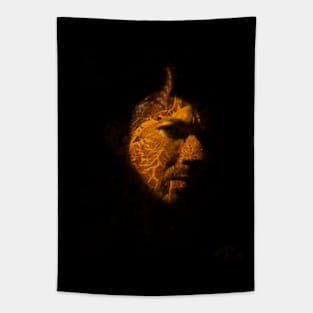 Portrait, digital collage and special processing. Devil face, side. Horn and lava texture. Yellow and green. Tapestry