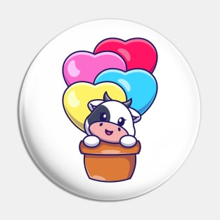 Cute cow flying with love balloon cartoon Pin