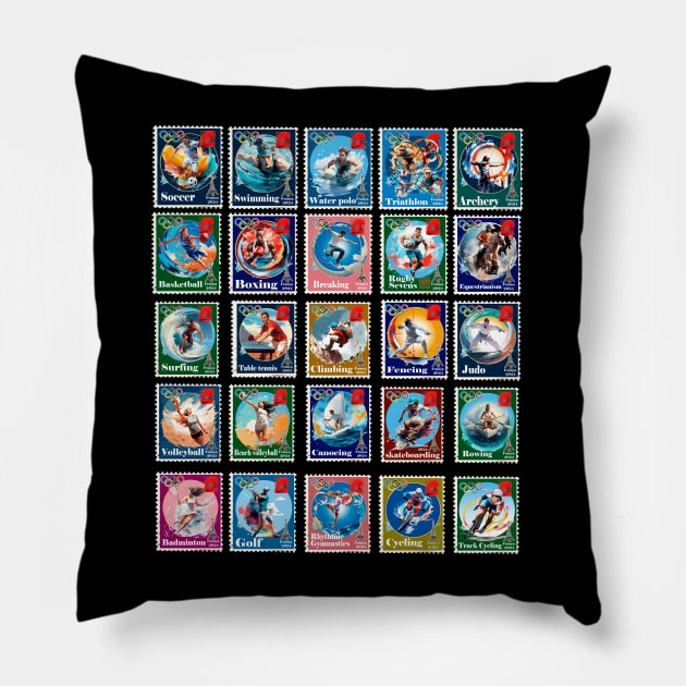 2024 Olympics Commemorative Postage Stamps Pillow by enyeniarts