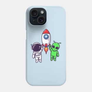 Cute Astronaut And Alien Flying With Rocket In Space Cartoon Phone Case