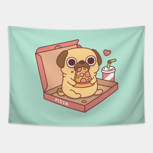 Cute Little Pug Eating Pizza In A Pizza Box Tapestry