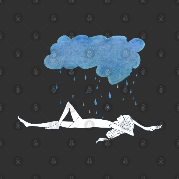 Natula In The Rain · girl laying peacefully beneath a blue storm cloud · simple drawing by natashakolton