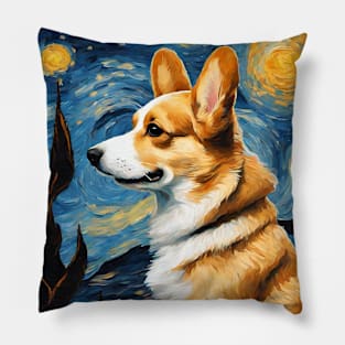 Pembroke Welsh Corgi Dog Breed Painting in a Van Gogh Starry Night Art Style Pillow