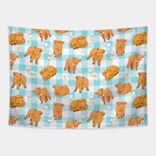 Floral Highland Cattles Blue Pattern Tapestry