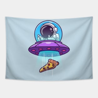 Cute Astronaut Catching Pizza With Ufo Cartoon Tapestry