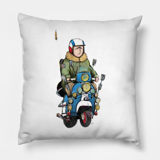 Retro Scooter, Classic Scooter, Scooterist, Scootering, Scooter Rider, Mod Art Pillow by Scooter Portraits