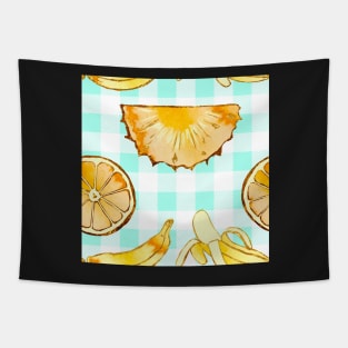 blue, mint, square, pineapple, banana, yellow, orange, juicy, fruit, glitter, gold, summer, pattern, funny, sunny Tapestry