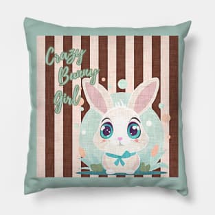 cute rabbit, "crazy bunny girl" quote, fabric like print, pastel colors Pillow