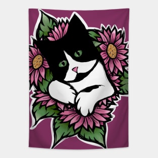 Tuxedo Cat Floral Tapestry