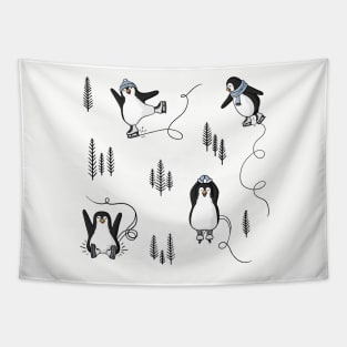 Cute Winter Iceskating Penguins Pattern Digital Illustration Tapestry