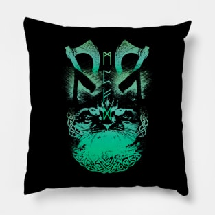 Abstract Cat in Viking Style - Green Pillow