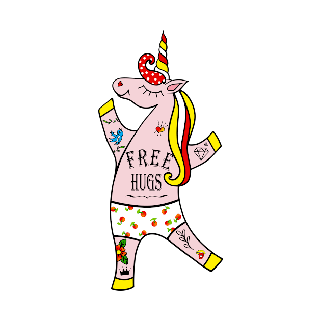 Funny design Tattooed Unicorn and FREE HUGS by DigitalStudioBarbara