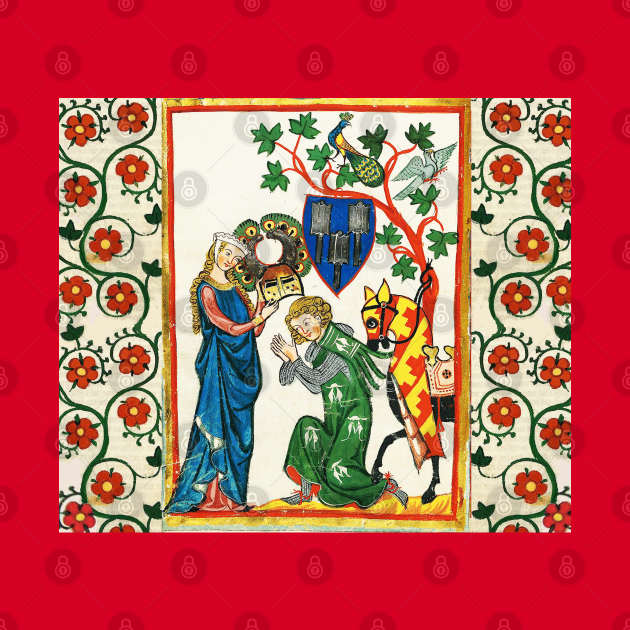 KNIGHT BEING ARMED BY HIS LADY ,MEDIEVAL MINIATURE WITH WILD ROSES by BulganLumini