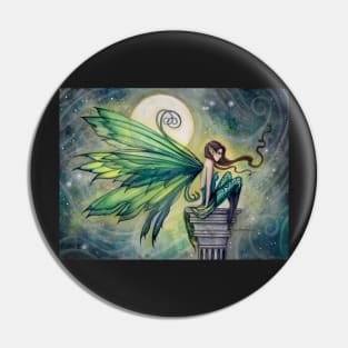 Aquamarine Fairy and Moon Celestial Fantasy Art Pin