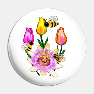 Bee themed gifts for women men and kids spring tulips Blue crown Passion plant pattern flower bumble bee - save the bees Pin