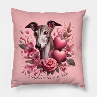 Greyhound Dog with Hearts and Flowers Pillow