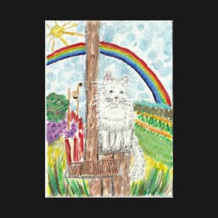 Cute white  cat  rainbow  nature  art T-Shirt