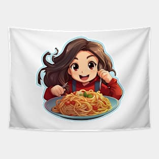 Cute Girl Eating Spaghetti Tapestry