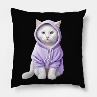 White British shorthair cat wearing purple hoodie Pillow