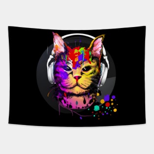 Colorful cat with headphones Tapestry