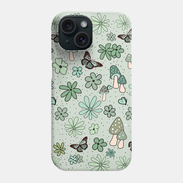 Light Green and Sage Flowers Butterflies and Mushrooms Cottagecore Aesthetic Phone Case by YourGoods