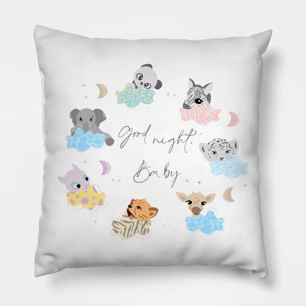 Sleeping baby animals on clouds, cute safari animals, good night baby set Pillow by PrimeStore