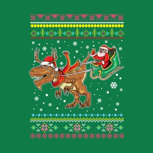 Santa Claus T Rex Reindeer Sleigh Ugly Christmas Sweater Pattern T-Shirt