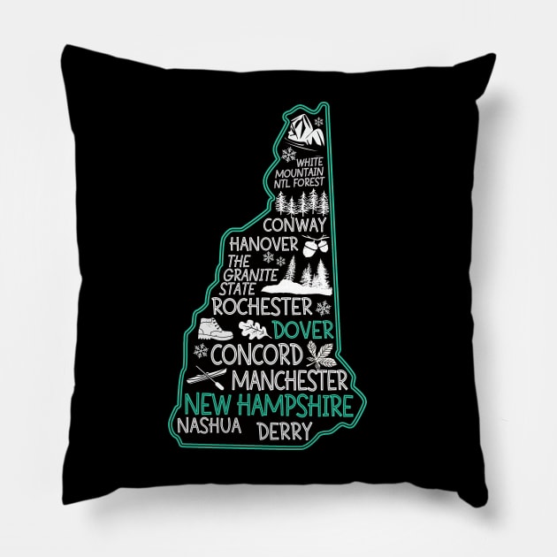 New Hampshire Dover cute map Conway Hanover Rochester Nashua The Granite State Pillow by BoogieCreates