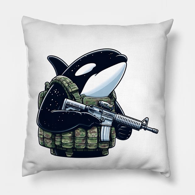 Tactical Orca Majesty Tee: Where Strength Meets Oceanic Elegance Pillow by Rawlifegraphic